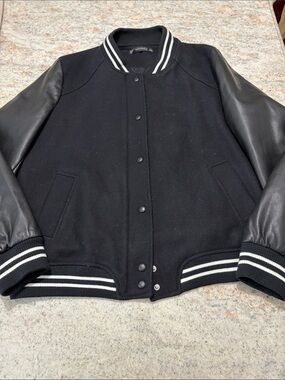 Zara Black Varsity Bomber Jacket with Leather Sleeves and Stripe Trim